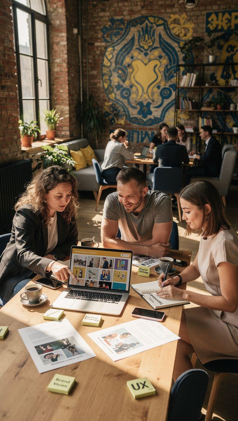 Professional recruiter reviewing digital marketing and creative team candidates on a laptop with data analytics displayed on screen in a modern office environment.